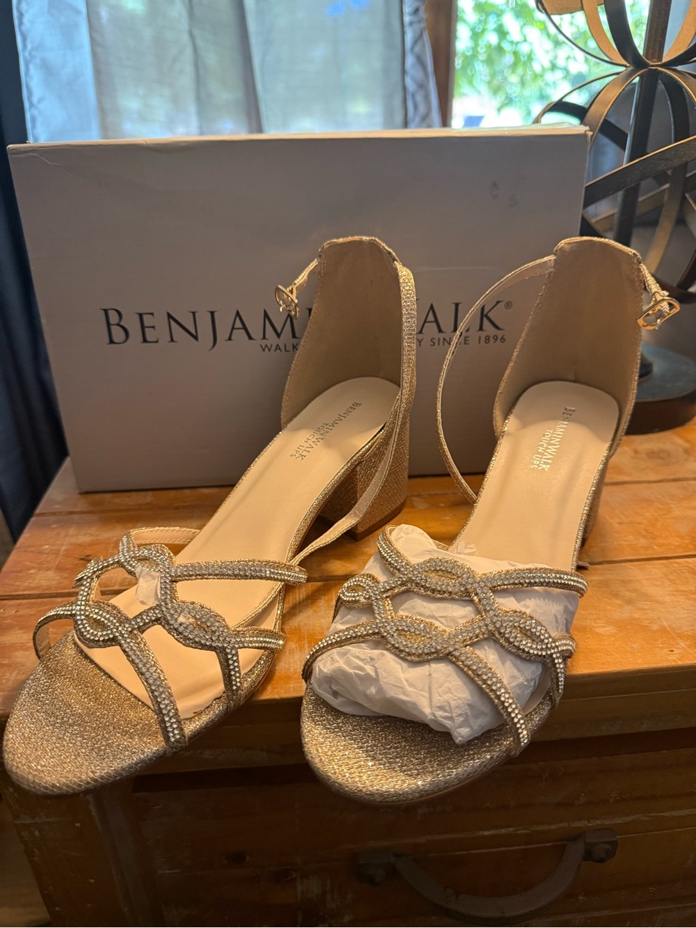 Benjamin Walk Champagne Beaded Ankle-Strap Sandals